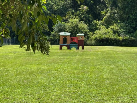 Wooden train-shaped playhouse sits on a grassy lawn surrounded by trees under bright sunlight